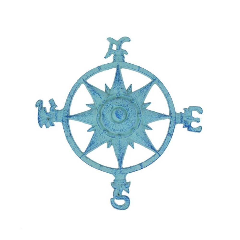 Weathered Blue Cast Iron Compass Rose Wall Hanging